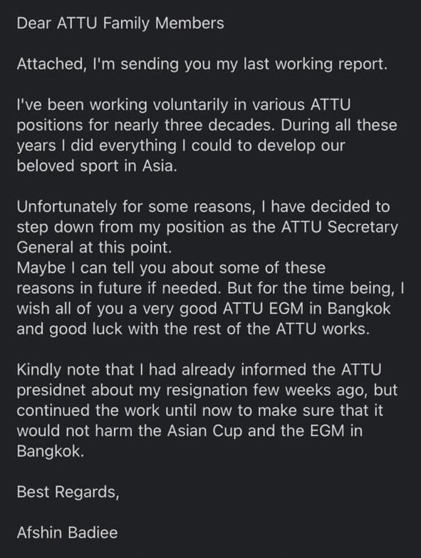 استعفای دبیرکل ایرانی کنفدراسیون تنیس روی میز آسیا